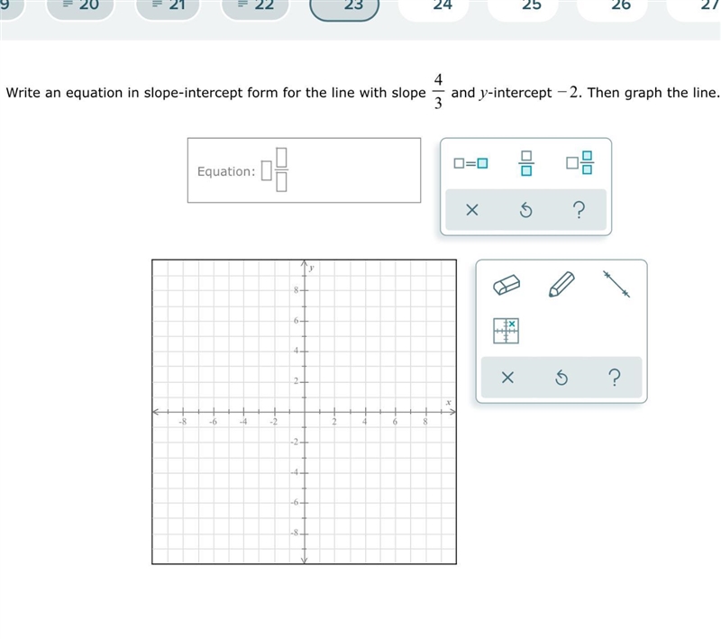 Write an equation using slope-intercept form with the line with a slope of 4/3 and-example-1