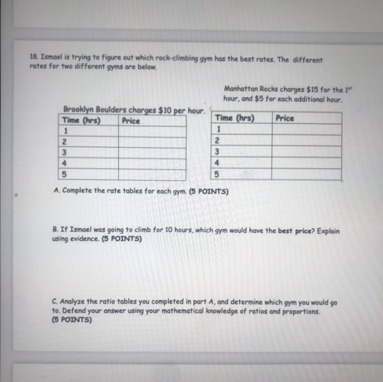 Ismael is trying to figure out which rock-climbing gym has the best rates. The different-example-1