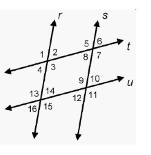 Parallel lines r and s are cut by two transversals, parallel lines t and u. How many-example-1