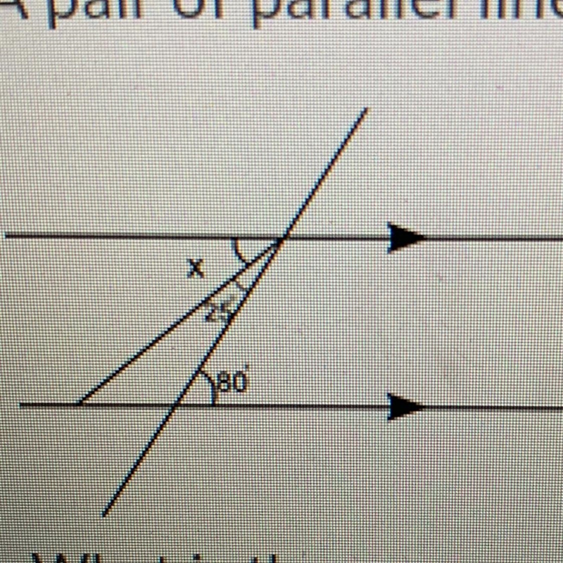 What is the measure of angle x? (1 point) 1) 25 degrees 2) 40 degrees 3) 55 degrees-example-1