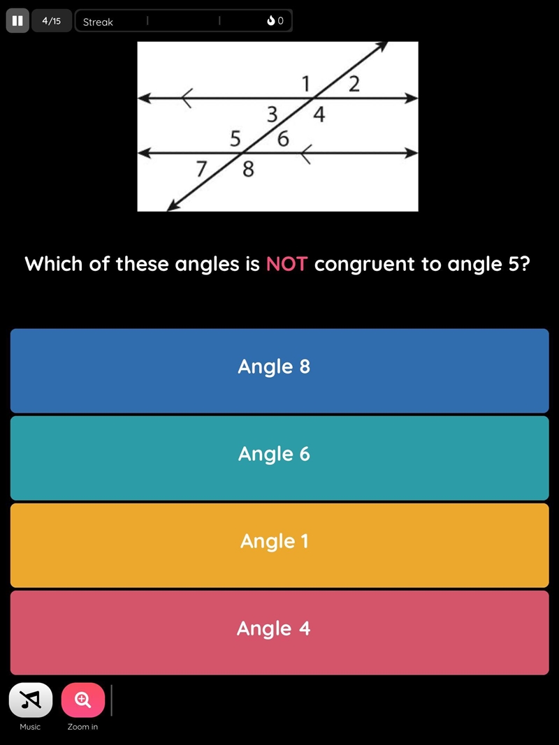 Which of these angles are NOT congruent to angle 5.-example-1