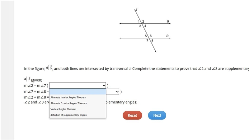 In the figure, a||b , and both lines are intersected by transversal t. Complete the-example-2