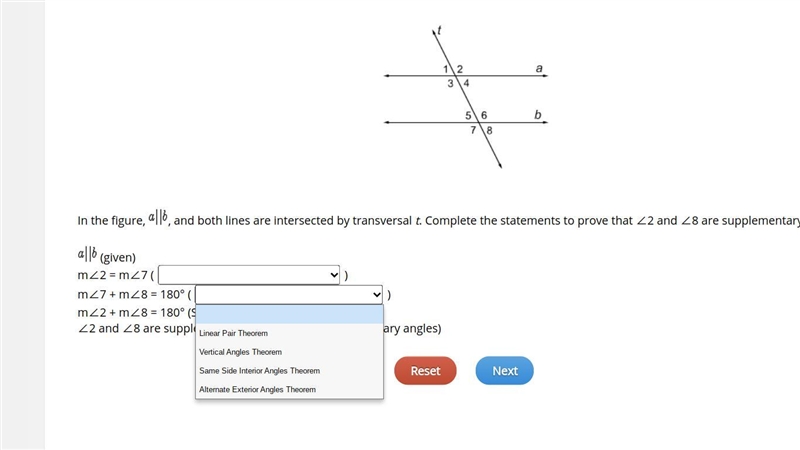 In the figure, a||b , and both lines are intersected by transversal t. Complete the-example-3