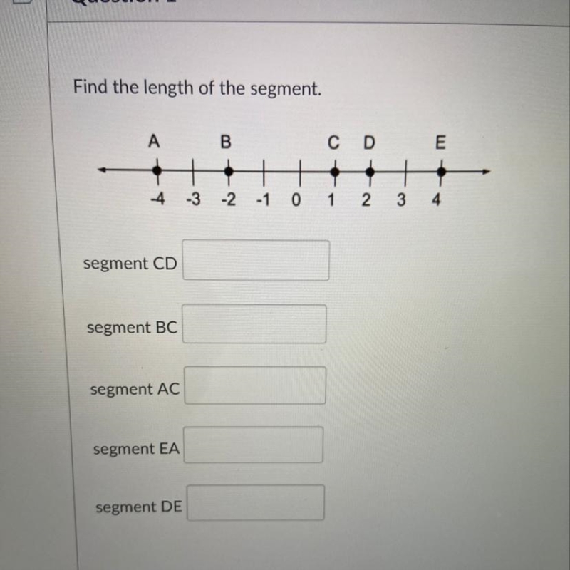 Find the length of the segment. A B C D E -4 -3 2 -1 0 1 2 3 4 segment CD segment-example-1