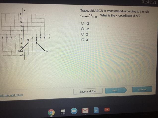 Trapezoid ABCD is transformed according to the rule rx-axis degrees R0,90 what is-example-1