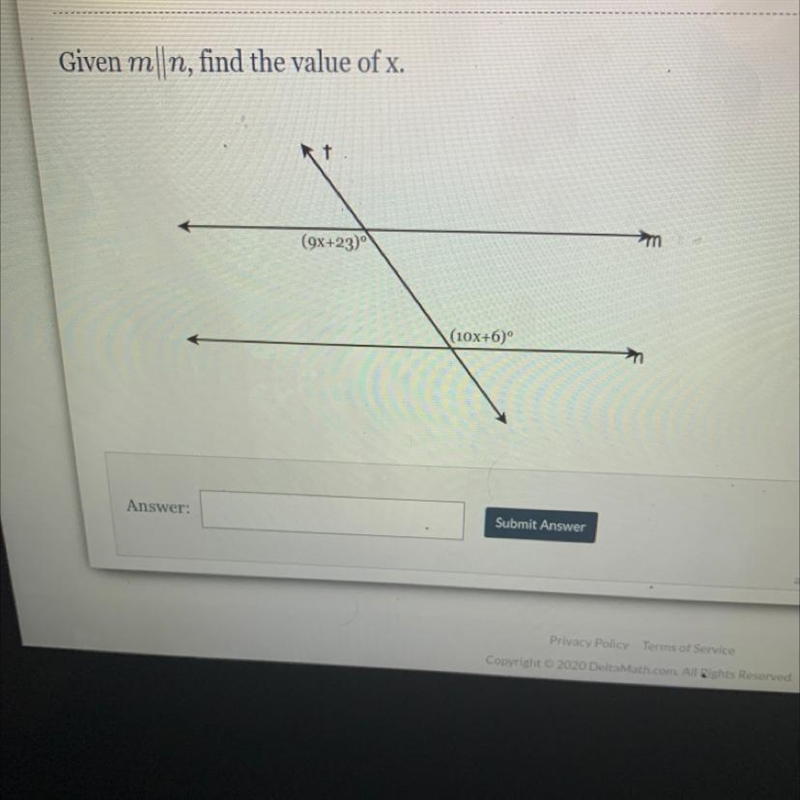 Given m|n, find the value of x. t m (9x+23) (10x+6)° Someone help?-example-1