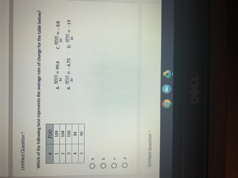 Which of the following best represents the average rate of change for the table below-example-1