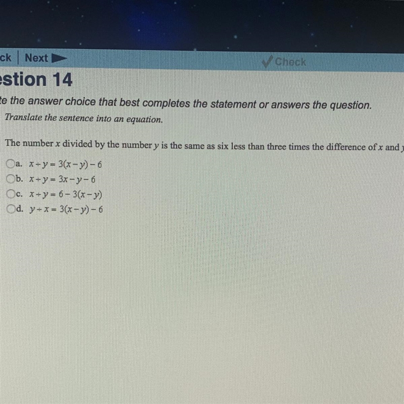 Translate the sentence into an equation. The number x divided by the number y is the-example-1