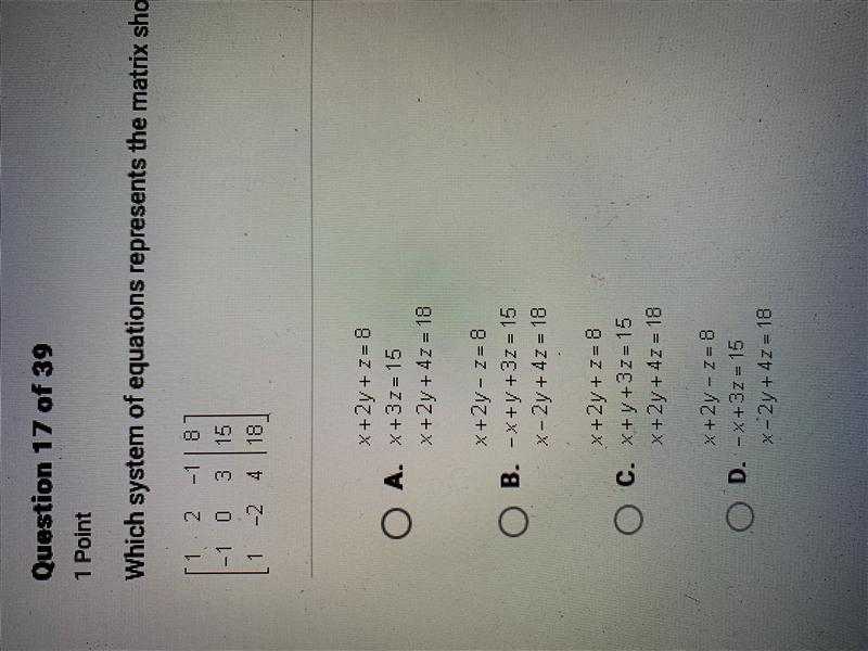 PLEASE HELP ASAPPP which systems of equations represents the matrix shown below??-example-1