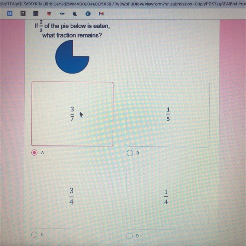 B SIS M If = of the pie below is eaten, what fraction remains?-example-1