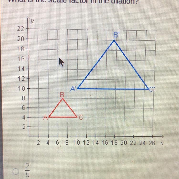 What is the scale factor in the dilation? Answer Choices 2/5 1/2 2 2 1/2-example-1