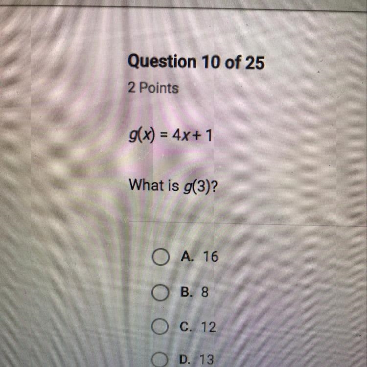 G(x) = 4x + 1 What is g(3)?-example-1