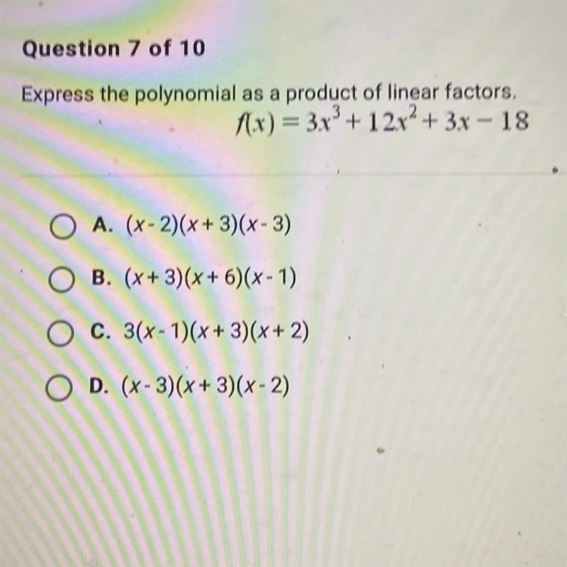 Express the polynomial as a product of linear factors. 1x) = 3x^3+12x^2 + 3x - 18 O-example-1