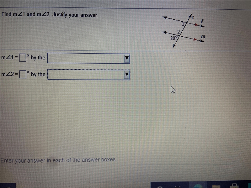 Find m<1 and m<2. Justify your answer.-example-1