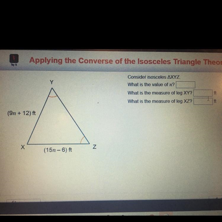 Consider isosceles triangle XYZ what is the value of n what is the measure of leg-example-1