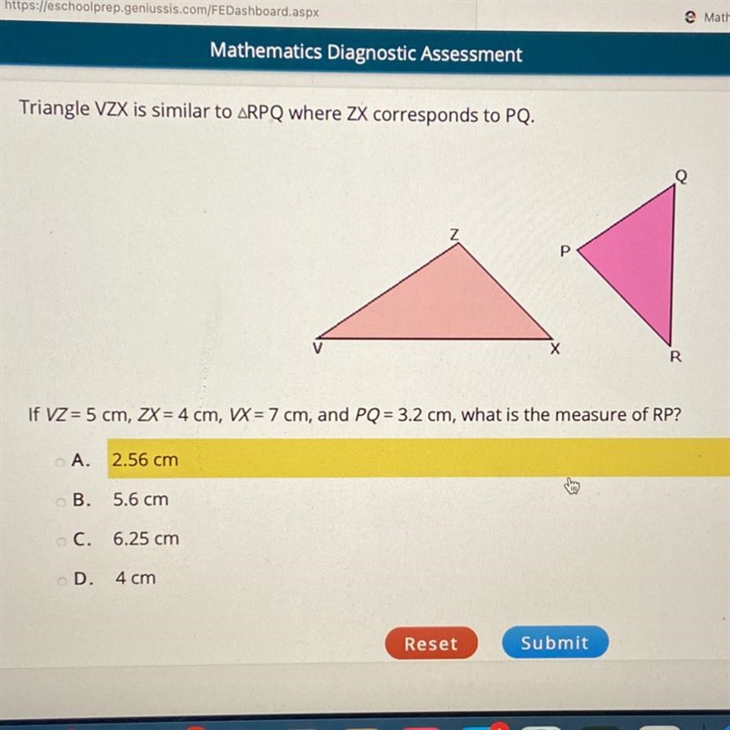 If VZ = 5 cm, ZX = 4 cm, VX = 7 cm, and PQ = 3.2 cm, what is the measure of RP? A-example-1