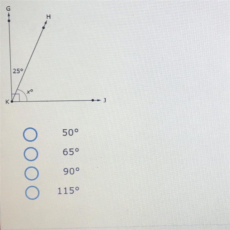 The measure of Z GKJ is 90°. What is the measure of the missing angle, x?-example-1