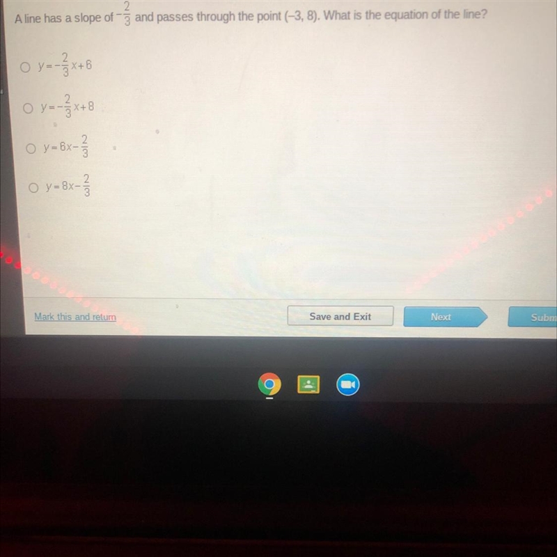 A line has a slope of (-2,3) and passes through the point (-3, 8). What is the equation-example-1