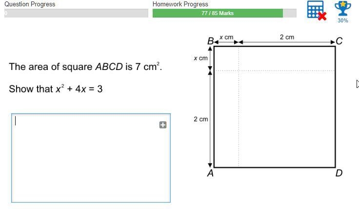 The area of square abcd is 7cm^2 show that x^2+4x=3-example-1