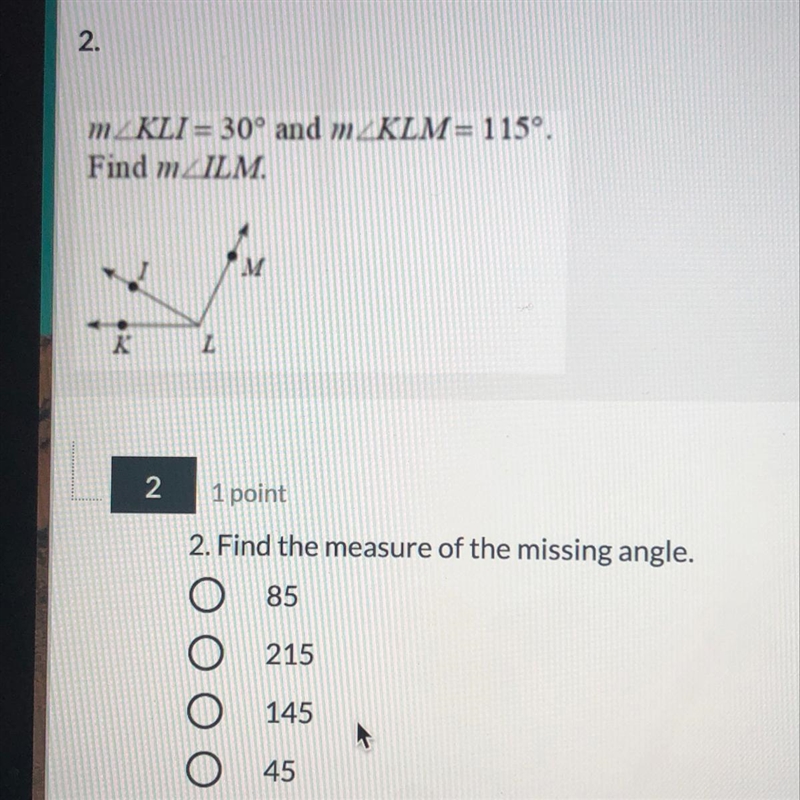 Help me find the measure of the missing angle. A.85 B.215 C.145 D.45-example-1