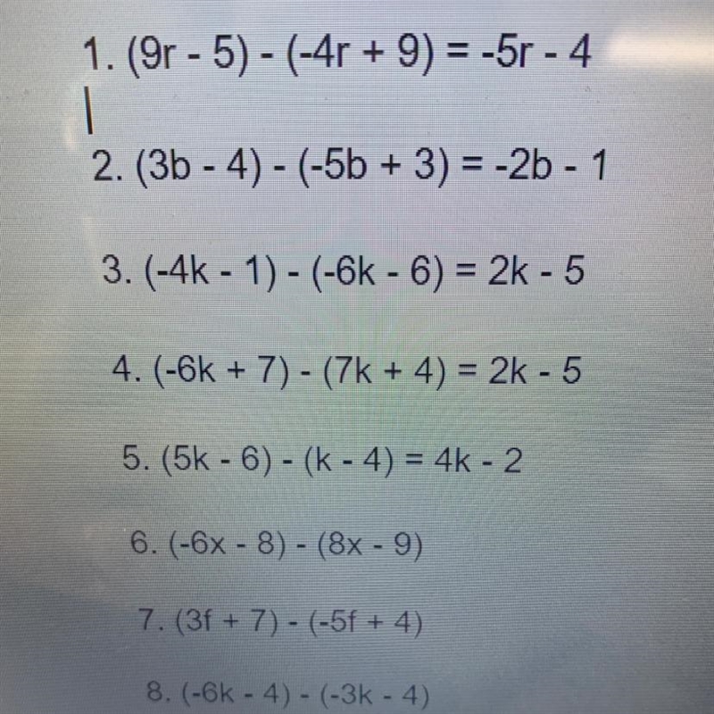 (-6x - 8) - (8x-9) subtract the expressions-example-1