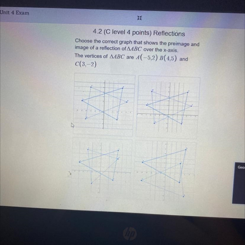 Choose the correct graph that shows the preimage and image of a reflection of AABC-example-1