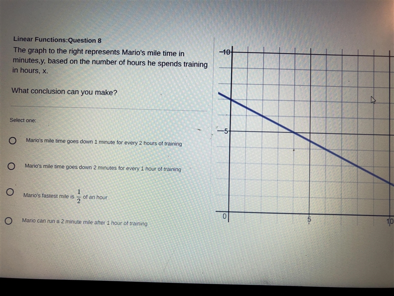 the graph to the right represents mario’s mile time in minutes, y, based on the number-example-1