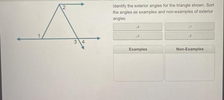 ANSWER FAST Identify the exterior angles for the triangle shown. Sort the angles as-example-1