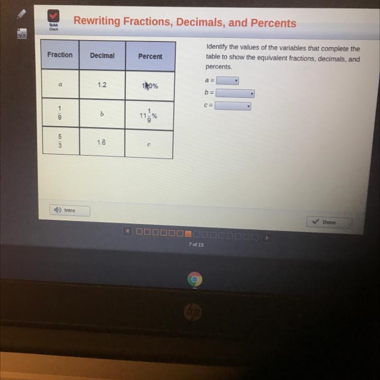 Fraction Decimal Percent Identify the values of the variables that complete the table-example-1