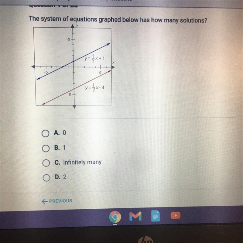 The system of equations graphed below has how many solutions? A. 0 B. 1 C. Infinitely-example-1