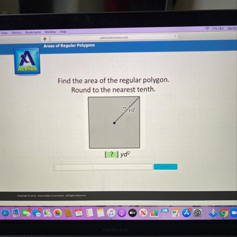 Help ASAP!! Areas of Regular Polygons Acellus Find the area of the regular polygon-example-1