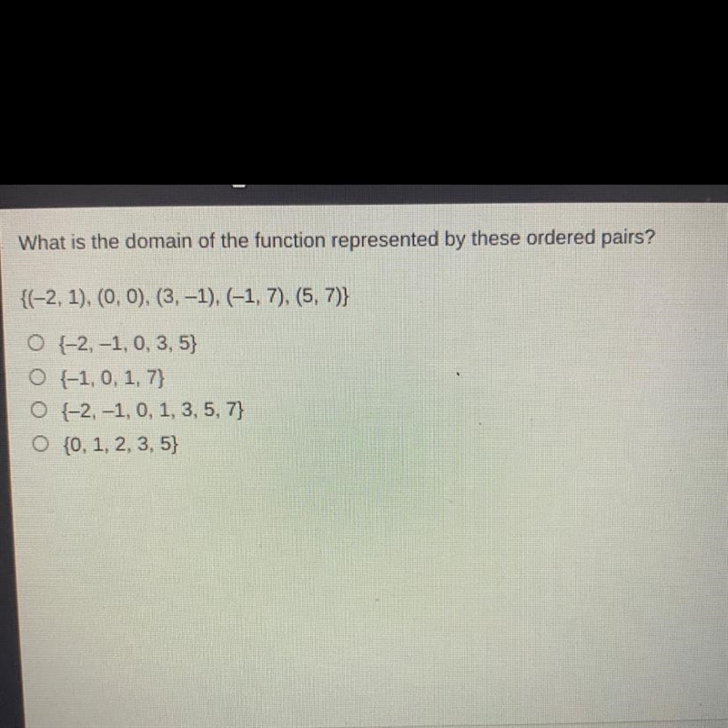 What is the domain of the function represented by these ordered pairs? {(-2, 1), (0, 0), (3, -1) (-1, 7), (5, 7)} O-example-1