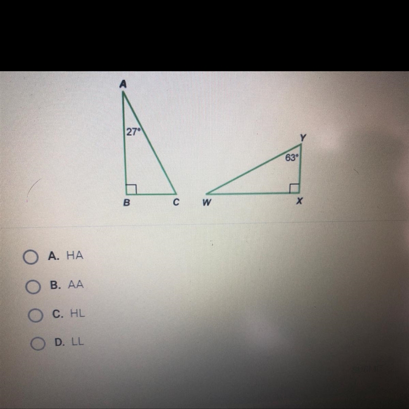 Which of the following theorems verifies that ABC~WXY?-example-1