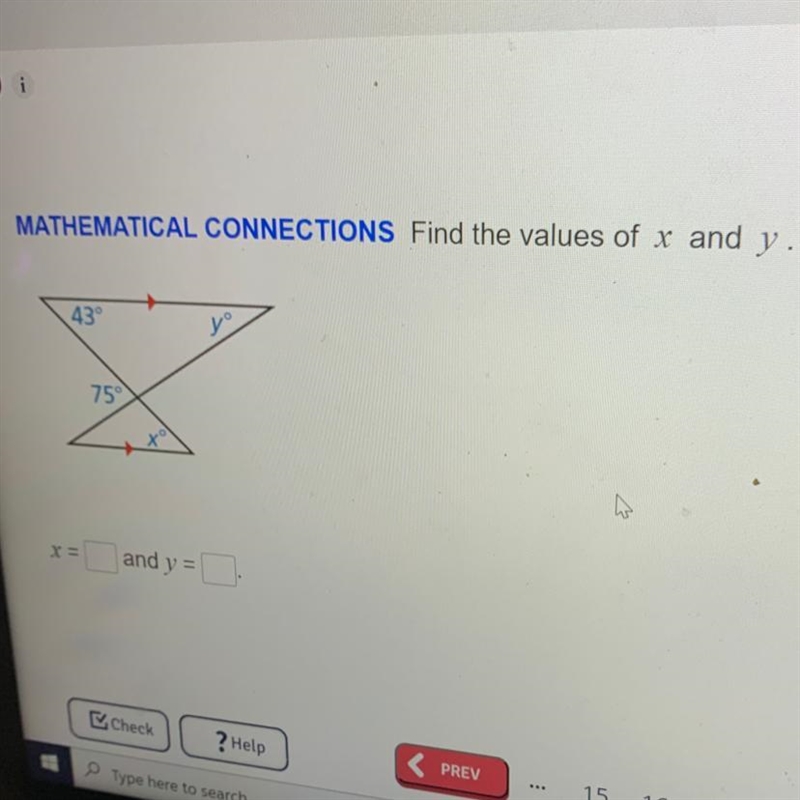 MATHEMATICAL CONNECTIONS Find the values of x and y. 43° 759 tol X = = and V-example-1