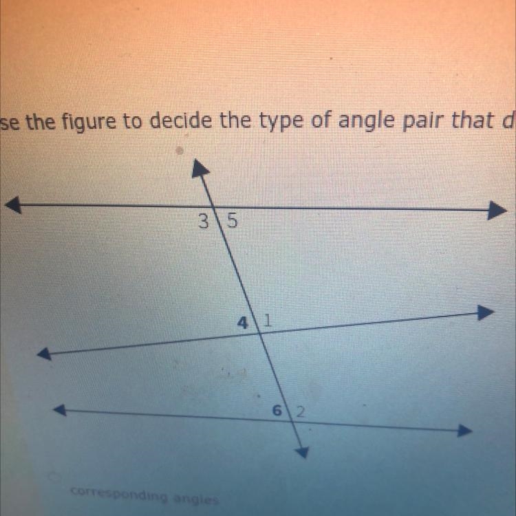 Use the figure to decide the type of angle pair that describes <6 and <4.-example-1