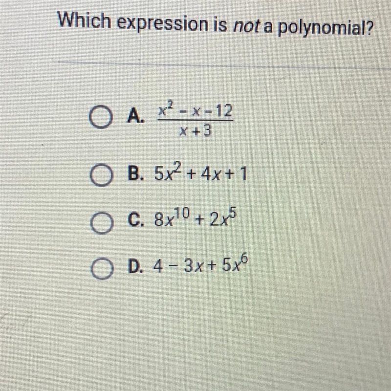 Which expression is not a polynomial?-example-1