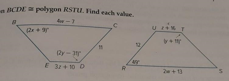 Polygon BCDE (is congruent to) RSTU find the value of y. ​-example-1