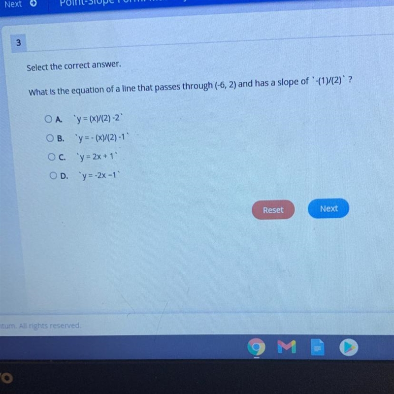 What is the equation of a line that passes through (-6,2) and has a slope of ‘-(1)/(2)’?-example-1