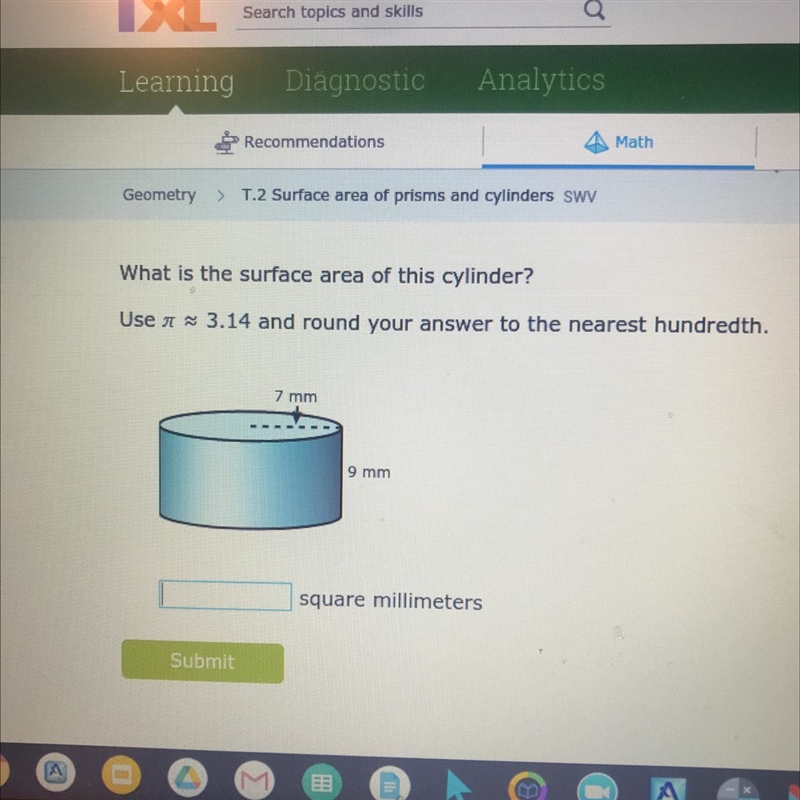 What is the surface area of this cylinder? Use a ~ 3.14 and round your answer to the-example-1