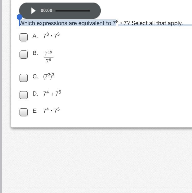 Which expressions are equivalent to 78 • 7? Select all that apply.-example-1