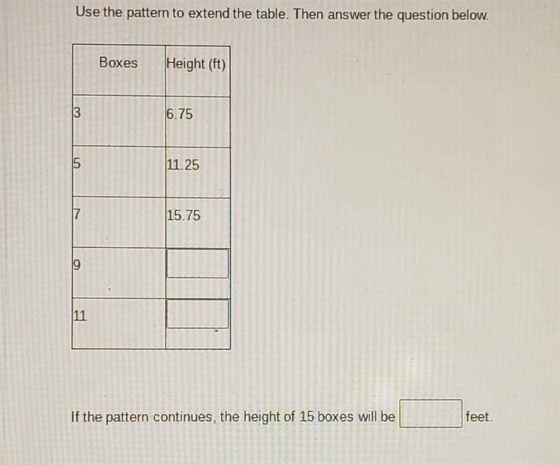 Use the pattern to extend the table. If the pattern continues. the height of 15 boxes-example-1