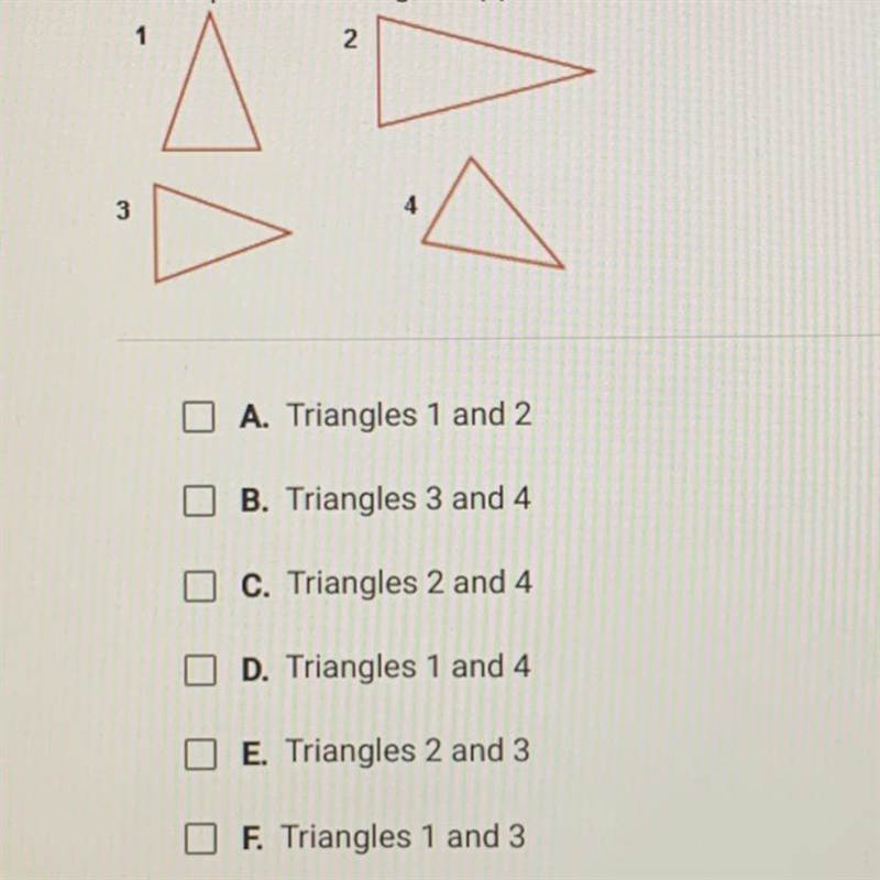 Which pairs of triangles appear to be congruent? Check all that apply-example-1