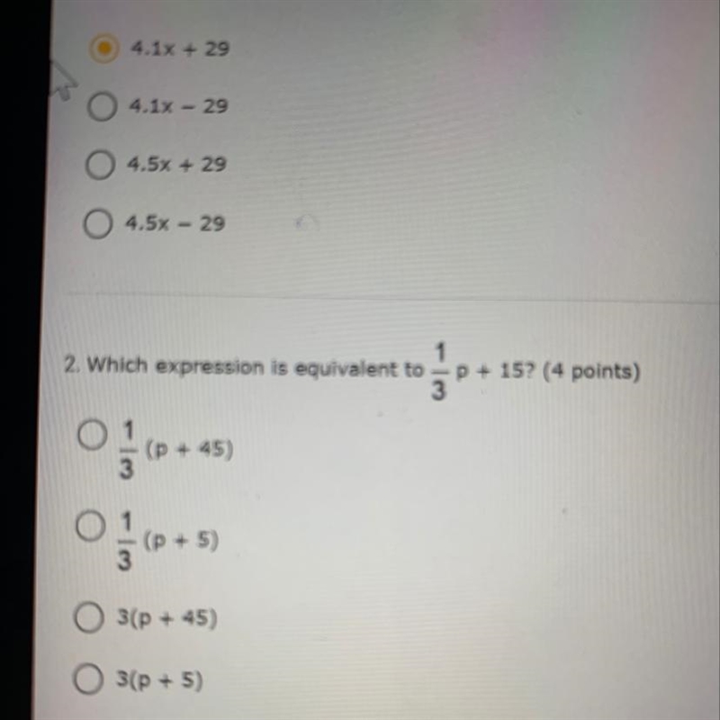 Which expression is equivalent to 1/3 p+15 1/3(p+45) 1/3(p+5) 3(p+45) 3(p+5)-example-1