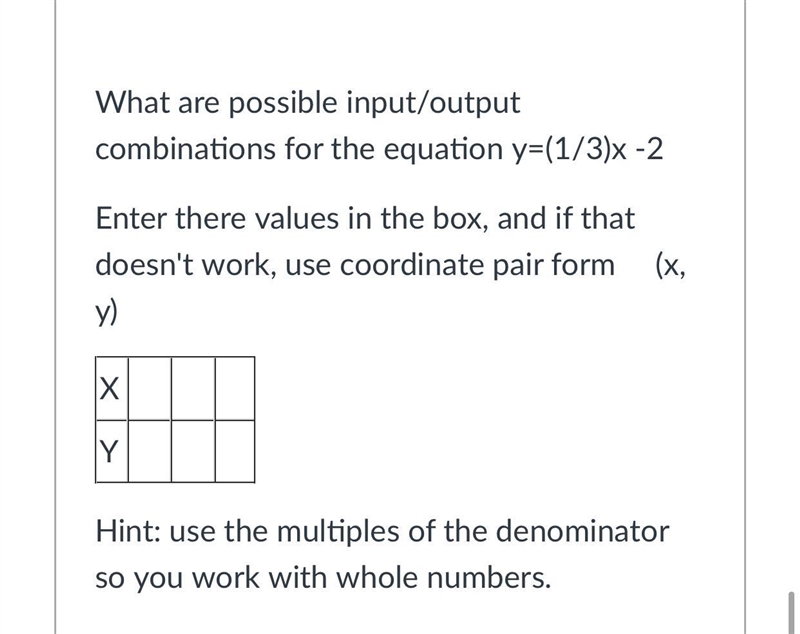 Please help!!! What are possible input/output combinations for the equation y=(1/3)x-example-1