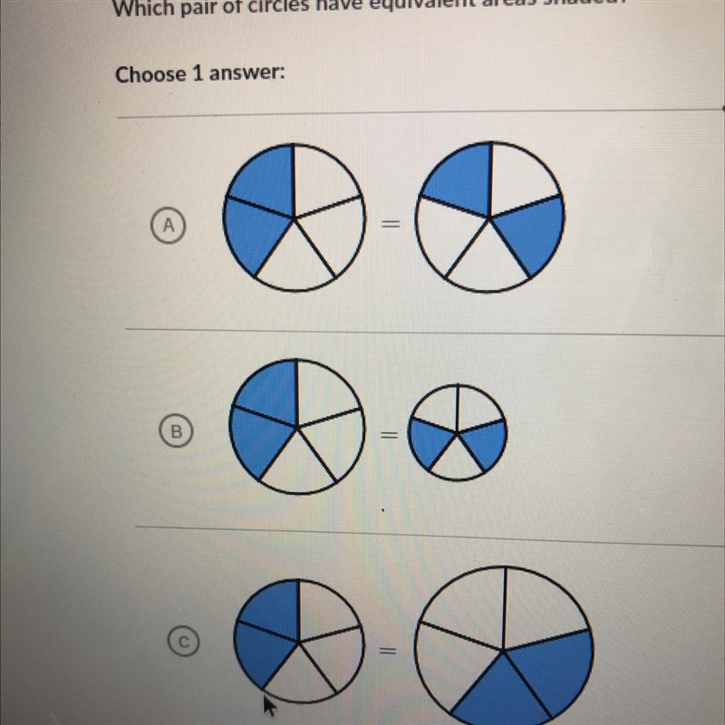 Which pair of circles have equivalent areas shaded?-example-1