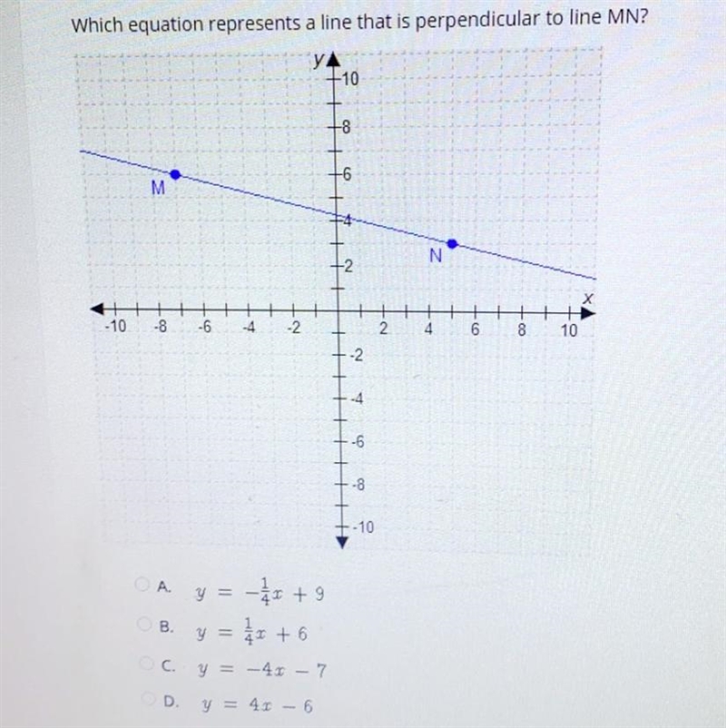 Select the correct answer. Which equation represents a line that is perpendicular-example-1