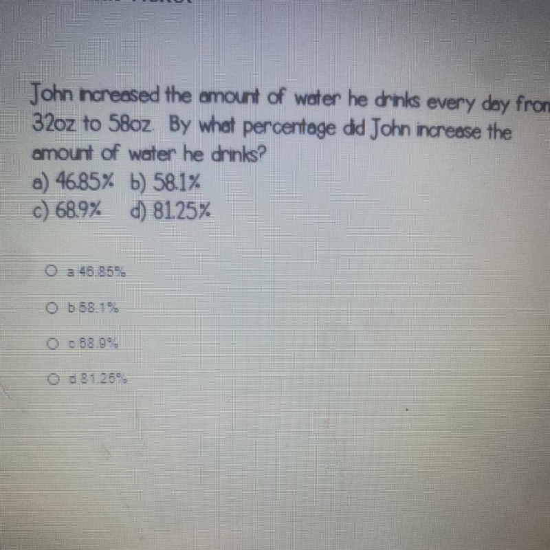 John increased the amount of water he drinks every day from 32oz to 58oz By what percentage-example-1