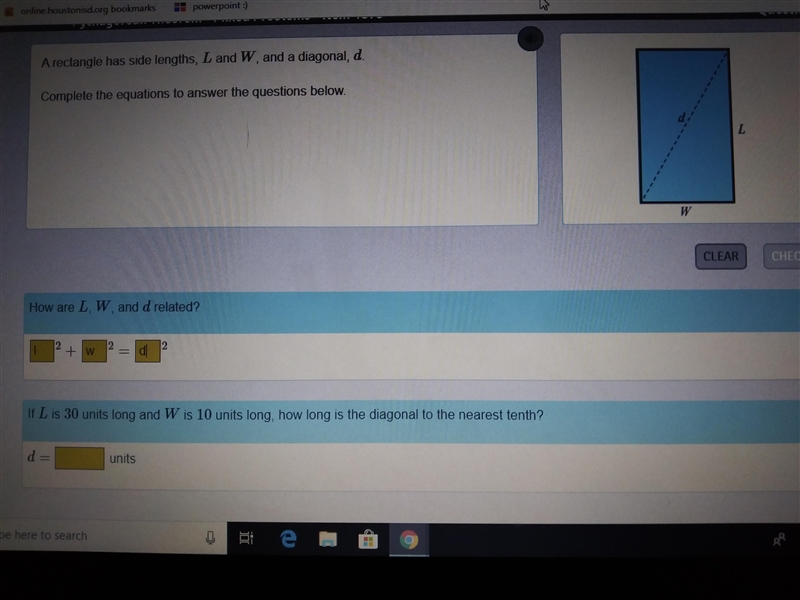 If L Is 30 units long and W Is 10 units long, how long is the diagonal to the nearest-example-1