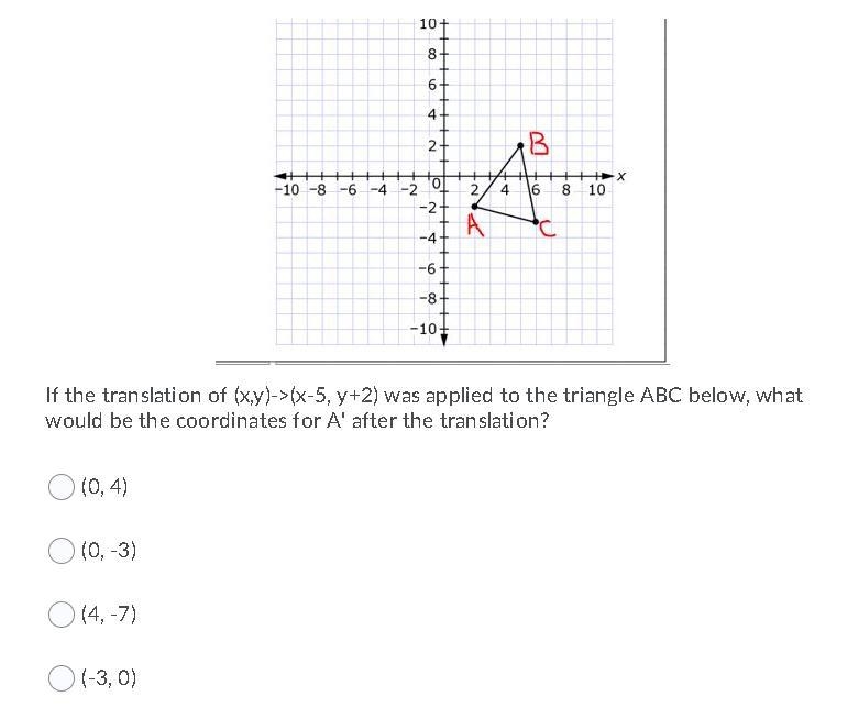 If the translation of (x,y)->(x-5, y+2) was applied to the triangle ABC below, what-example-1