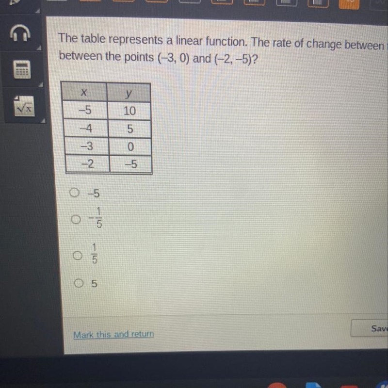 The table represents a linear function.The rate change between the points (-5,10) and-example-1